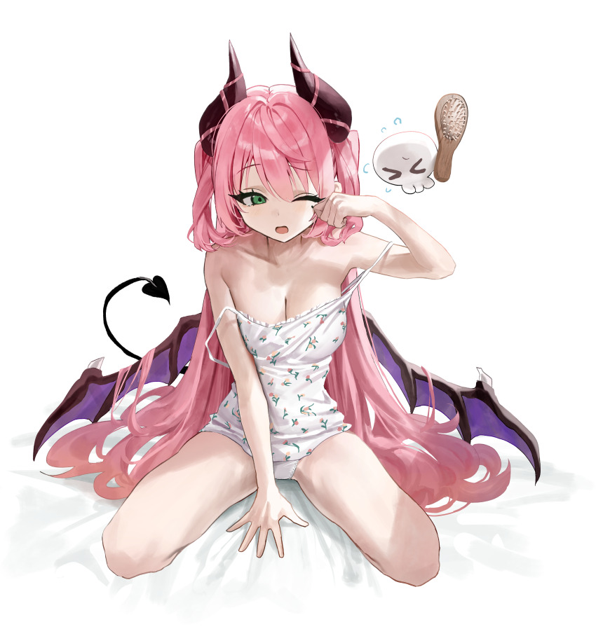 >_<, 1girl, absurdres, bare_shoulders, black_horns, black_tail, blush, breasts