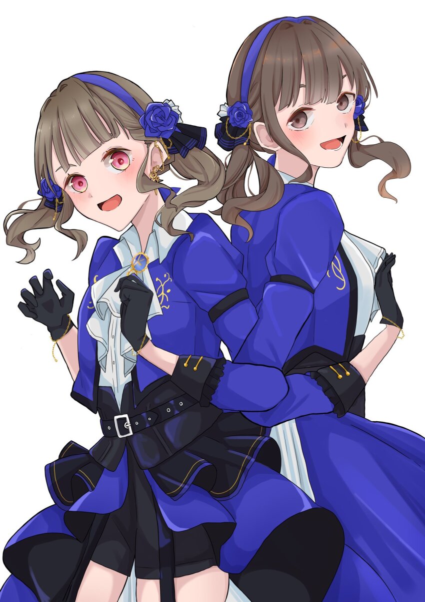 2girls, :d, animification, artistic_error, ascot, back-to-back, black_gloves, black_shorts