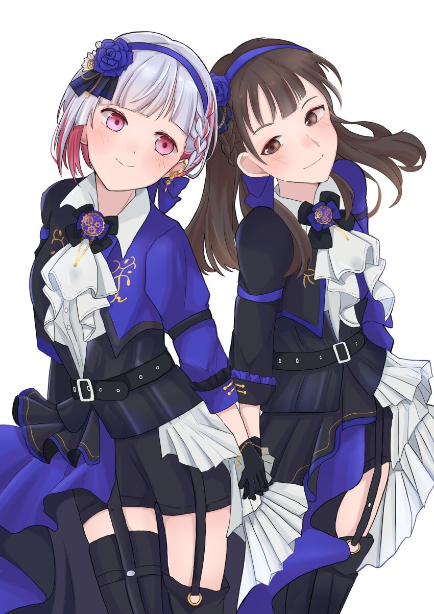 2girls, animification, ascot, asymmetrical_legwear, black_gloves, black_jacket, black_shorts, black_thighhighs