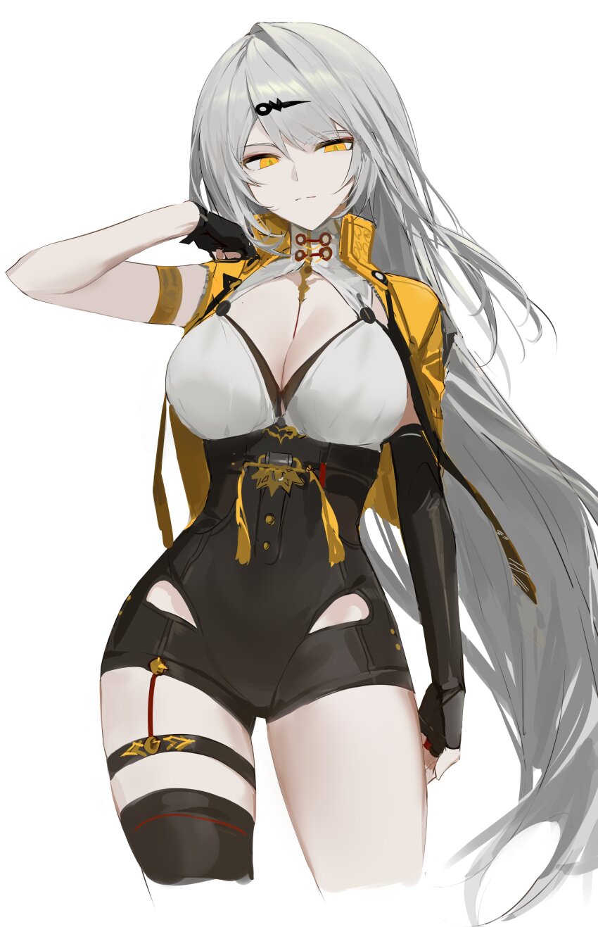 1girl, absurdres, baiser3rd, black_gloves, black_thighhighs, breasts, cleavage, closed_mouth, gloves, grey_hair, hair_ornament, hairclip, highres, long_hair, looking_at_viewer, simple_background, single_thighhigh, solo, standing, thighhighs, thighs, very_long_hair, white_background, yellow_eyes, yixuan_(zenless_zone_zero), zenless_zone_zero