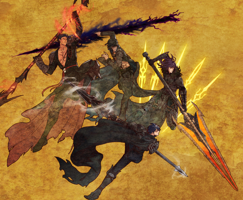 4boys, absurdres, arm_on_knee, armor, black_armor, black_cloak, black_hair, black_pants