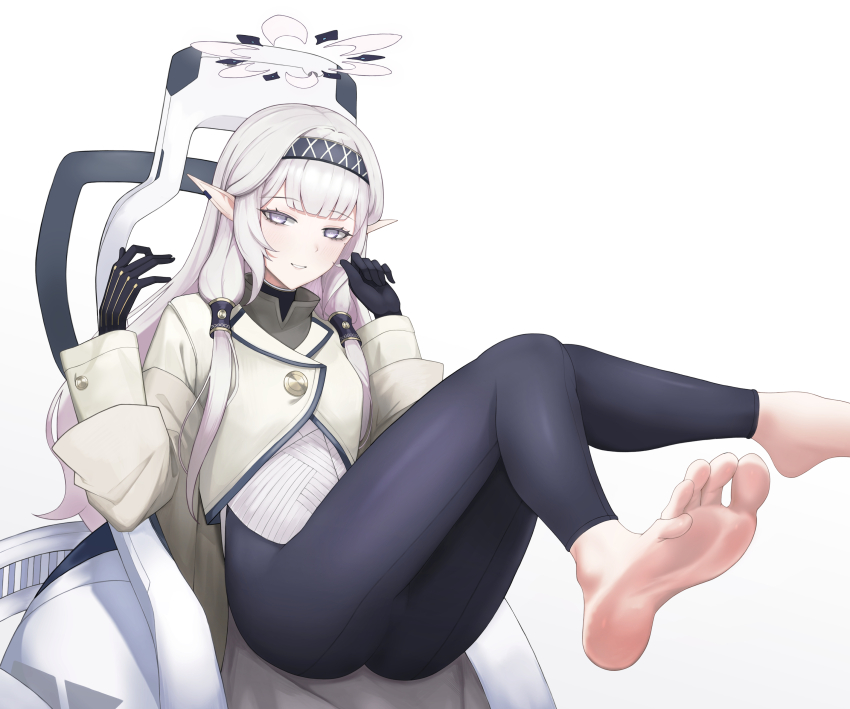 1girl, absurdres, barefoot, blue_archive, feet, funky_dea1er, hairband, highres, himari_(blue_archive), light_blush, light_smile, long_hair, looking_at_viewer, parted_lips, pointy_ears, soles, toes, white_hair