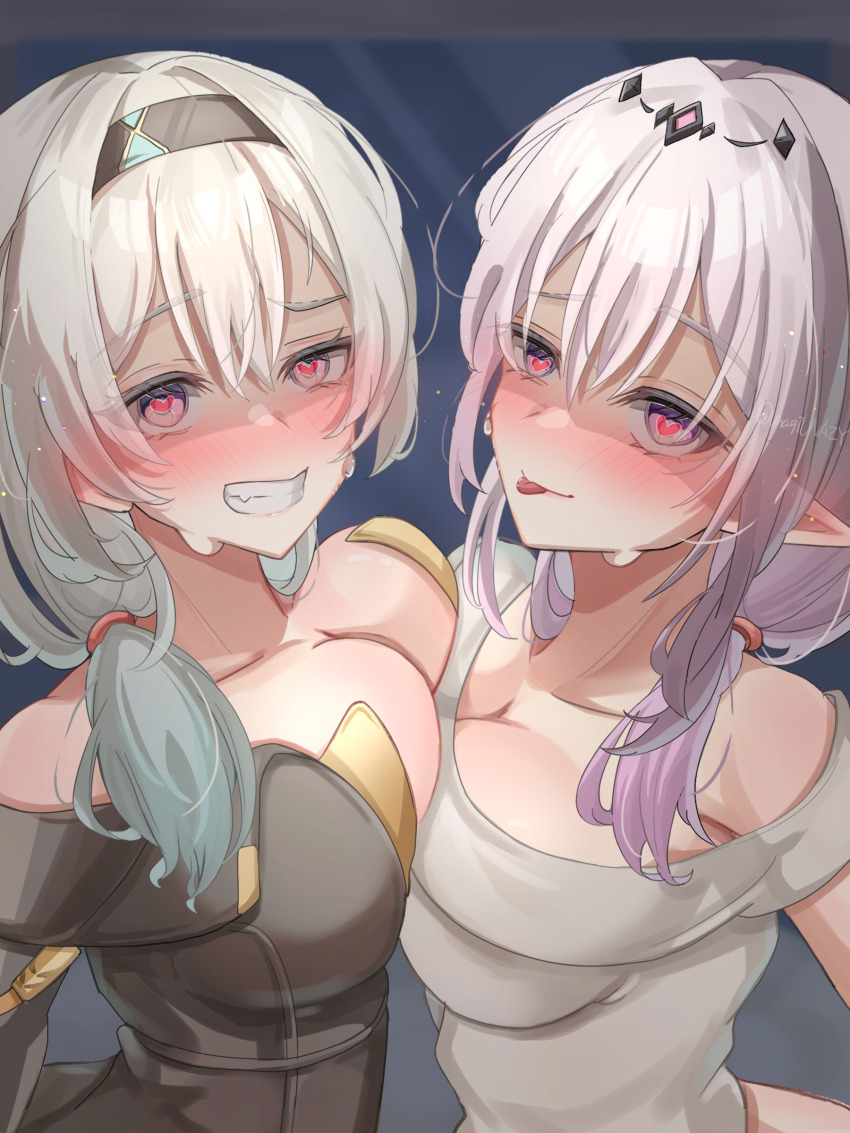 2girls, absurdres, alternate_costume, black_background, black_hairband, blush, breast_press, breasts