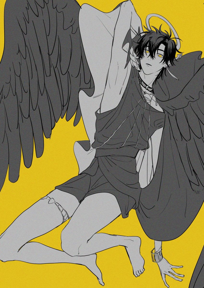 1boy, absurdres, ancient_greek_clothes, angel, angel_wings, arm_behind_head, arm_up, armpits