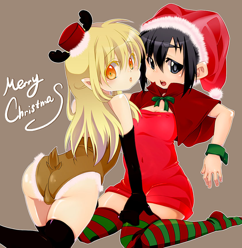 2boys, akiyama_tooru, animal_costume, ass, bent_over, black_eyes, black_hair, black_legwear, blonde_hair, blush, bulge, christmas, crossdressing, crossdressing_(mtf), dress, elbow_gloves, english_text, gloves, hat, long_hair, looking_back, male_focus, merry_christmas, multiple_boys, open_mouth, orange_eyes, original, pantyhose, pointy_ears, reindeer_costume, santa_hat, short_hair, sitting, striped_legwear, thighhighs, trap