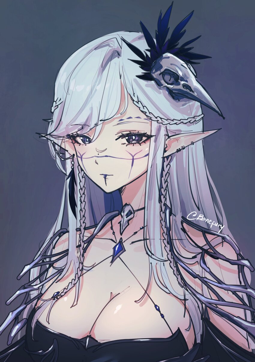 1girl, absurdres, banefury, bird_skull_ornament, black_dress, blue_feathers, blue_gem, braid, breasts, chest_jewel, cleavage, closed_mouth, dress, facial_mark, facial_tattoo, feathers, gem, grey_background, grey_hair, hair_ornament, highres, indie_virtual_youtuber, jewelry, large_breasts, long_hair, looking_at_viewer, necklace, pointy_ears, portrait, purple_eyes, signature, simple_background, snootydeath, solo, sweater, tattoo, virtual_youtuber