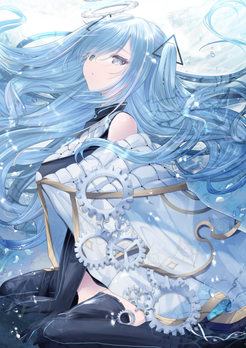 1girl, bare_shoulders, between_legs, black_dress, black_gloves, black_thighhighs, blue_eyes, blue_hair