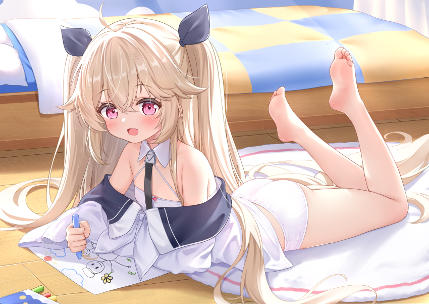 1girl, absurdres, aged_down, ahoge, azur_lane, bare_legs, bare_shoulders, barefoot, bed, blonde_hair, blush, commentary_request, feet, feet_up, flat_chest, hair_between_eyes, hair_ornament, highres, holding, indoors, little_anchorage_(azur_lane), long_hair, long_sleeves, looking_at_viewer, lying, off_shoulder, on_floor, on_stomach, open_mouth, panties, pink_eyes, qian_hen, shirt, smile, soles, solo, the_pose, toes, twintails, underwear, very_long_hair, white_panties, white_shirt, wooden_floor