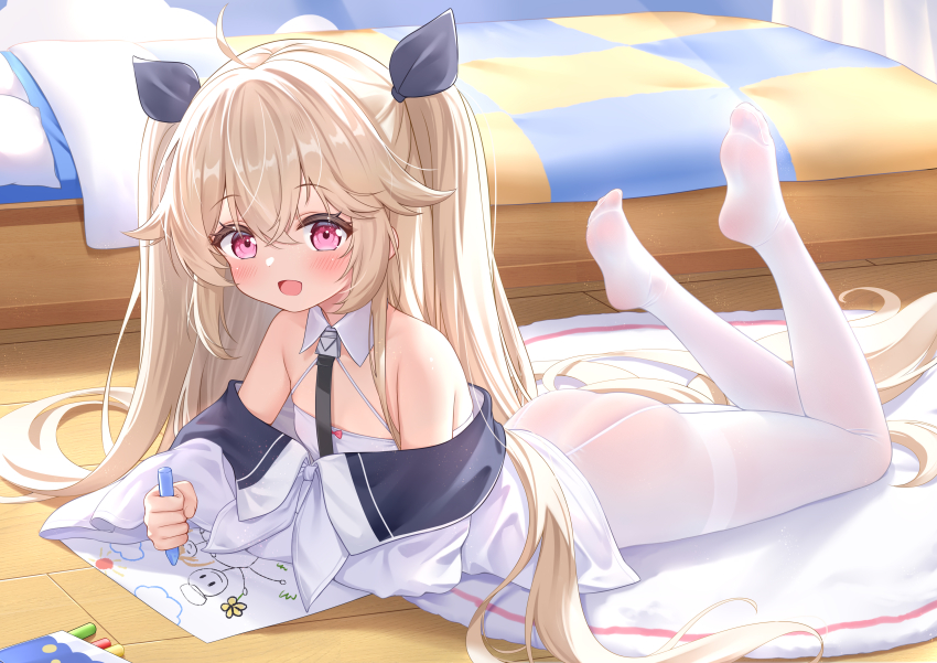 1girl, absurdres, aged_down, ahoge, azur_lane, bare_shoulders, bed, blonde_hair, blush, commentary_request, feet, feet_up, flat_chest, hair_between_eyes, hair_ornament, highres, holding, indoors, little_anchorage_(azur_lane), long_hair, long_sleeves, looking_at_viewer, lying, no_shoes, off_shoulder, on_floor, on_stomach, open_mouth, pantyhose, pink_eyes, qian_hen, shirt, smile, soles, solo, the_pose, toes, twintails, very_long_hair, white_pantyhose, white_shirt, wooden_floor