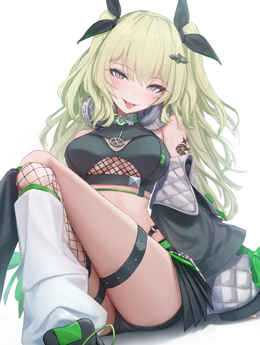 1girl, arm_tattoo, black_ribbon, black_shorts, breasts, clothing_cutout, commentary_request, crop_top, crossed_legs, detached_sleeves, dokon, fishnet_cutout, hair_ribbon, headphones, headphones_around_neck, highres, honkai_(series), honkai_impact_3rd, leg_warmers, long_hair, looking_at_viewer, mobius_(honkai_impact), mobius_(razer)_(honkai_impact), official_alternate_costume, official_alternate_hairstyle, ribbon, shorts, simple_background, single_leg_warmer, small_breasts, solo, stomach, tattoo, thigh_strap, tongue, tongue_out, twintails, underboob_cutout, white_background, white_leg_warmers