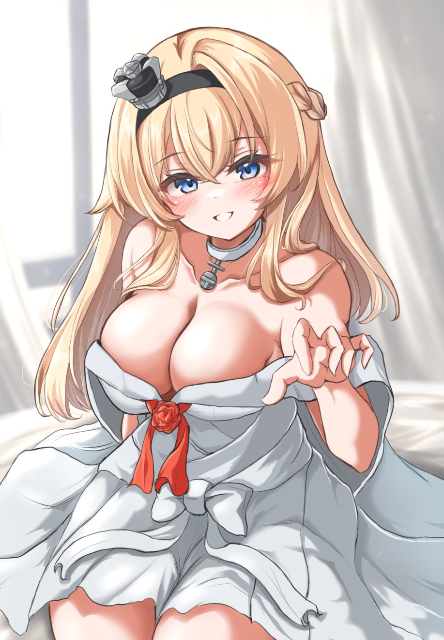 1girl, bedroom, blonde_hair, blue_eyes, braid, breasts, choker, cleavage