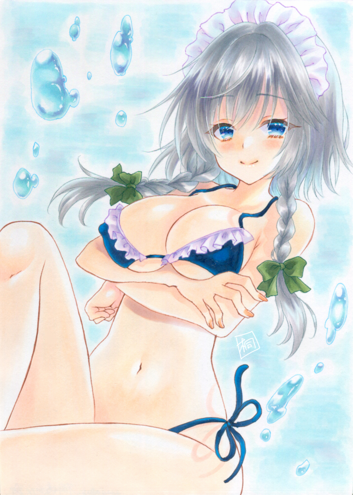 1girl, aqua_background, bikini, blue_eyes, bow, braid, breasts, cleavage, cowboy_shot, crossed_arms, green_bow, izayoi_sakuya, kirishima_(manatsuya), leg_up, light_blush, looking_at_viewer, maid, maid_bikini, maid_headdress, marker_(medium), medium_breasts, medium_hair, navel, orange_nails, side-tie_bikini_bottom, signature, sitting, smile, solo, stomach, swimsuit, thighs, touhou, traditional_media, twin_braids, unconventional_maid, water_drop
