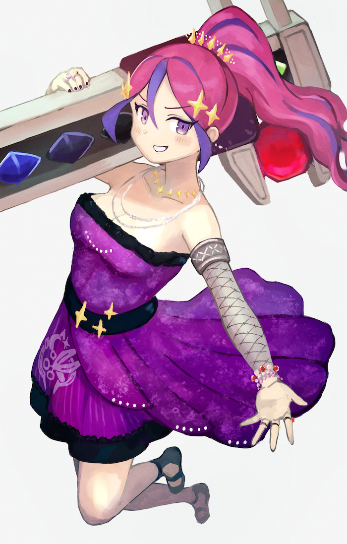 1girl, blush, breasts, caliper, cleavage, clenched_teeth, collarbone, dress