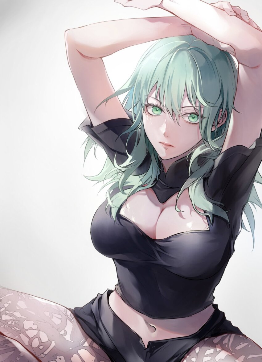 1girl, black_shirt, black_shorts, breasts, brown_pantyhose, cleavage_cutout, closed_mouth, clothing_cutout