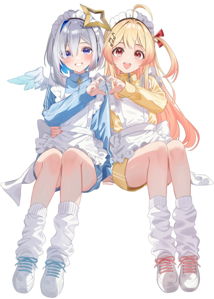 2girls, :d, absurdres, ahoge, alternate_costume, amane_kanata, angel_wings, apron
