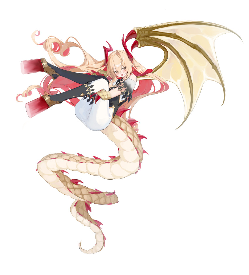 1girl, absurdres, ass, blonde_hair, blush, bodysuit, breasts, commentary, dragon_girl, dragon_horns, dragon_tail, dragon_wings, floating, full_body, hair_between_eyes, highres, holding_own_leg, horns, long_hair, looking_at_viewer, lumiore_(shadowverse), multicolored_hair, open_mouth, pointy_ears, red_hair, red_horns, scales, shadowverse, shiro_wa_(shiroshironix), simple_background, single_hair_intake, single_wing, skin_tight, small_breasts, smile, solo, tail, two-tone_hair, very_long_hair, white_background, wings, yellow_eyes