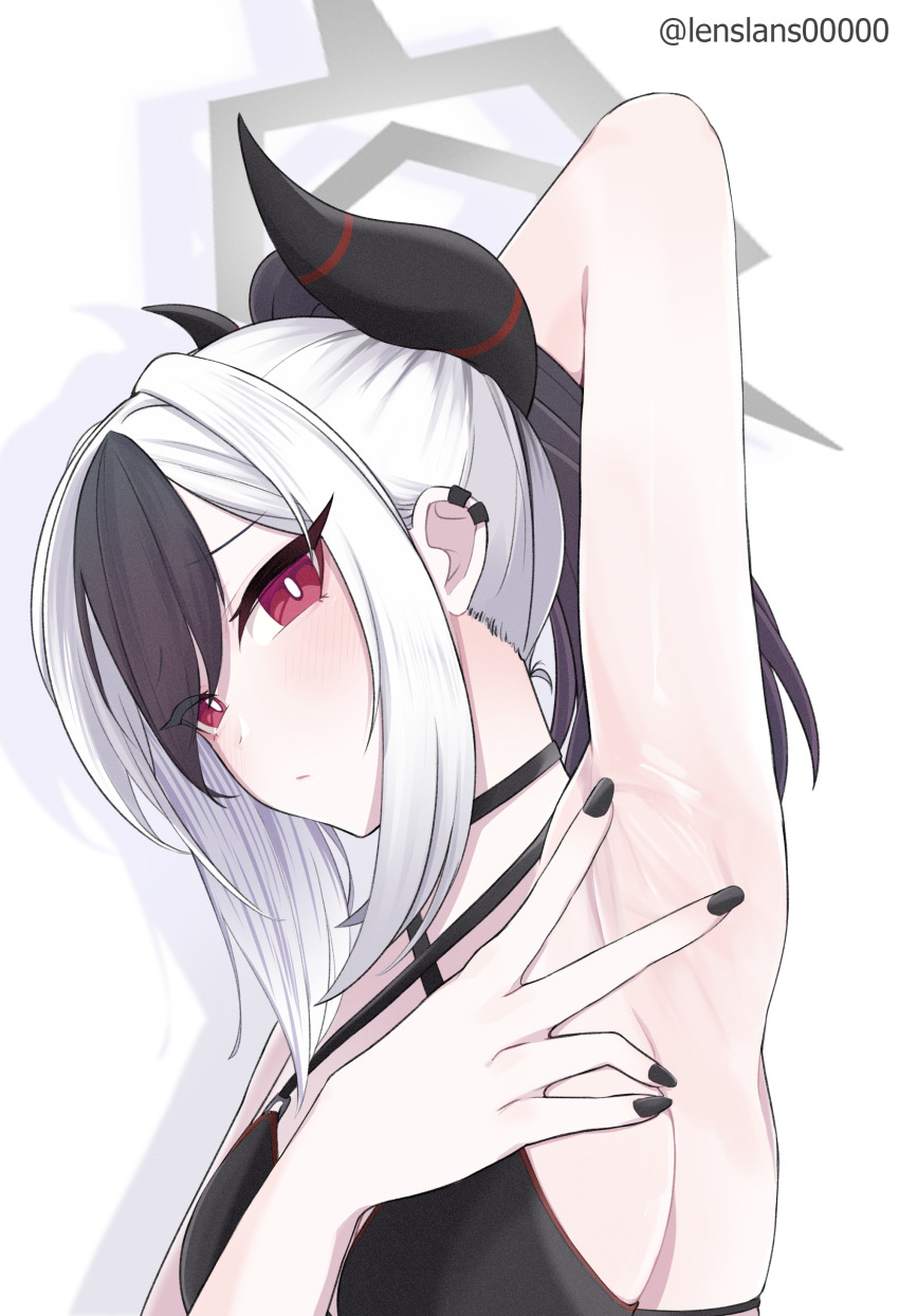 1girl, absurdres, arm_up, armpits, bikini, black_bikini, black_choker, black_hair, black_horns, black_nails, blue_archive, breasts, choker, closed_mouth, commentary, criss-cross_halter, demon_horns, grey_hair, grey_halo, halo, halterneck, highres, horns, kayoko_(blue_archive), lenslans, looking_at_viewer, medium_breasts, pink_eyes, ponytail, presenting_armpit, sideboob, solo, spread_armpit, swimsuit, twitter_username, upper_body