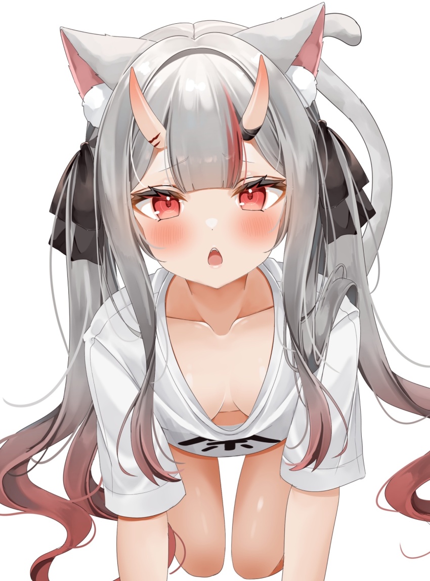 1girl, all_fours, alternate_costume, animal_ears, black_bow, blush, bow, breasts