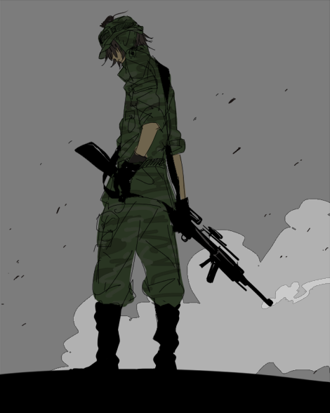1boy, bad_id, bad_pixiv_id, black_hair, gun, ine_(zx_o4), male_focus, military, military_uniform, nezumi_(no.6), no.6, short_hair, smoke, smoking_barrel, soldier, solo, weapon, zx_o4