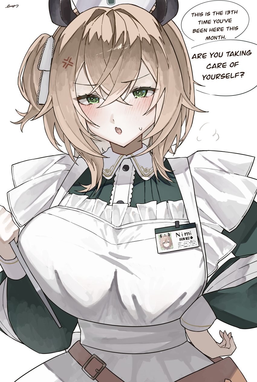 1girl, absurdres, animal_ears, apron, breasts, contrast_collar, dress, english_text