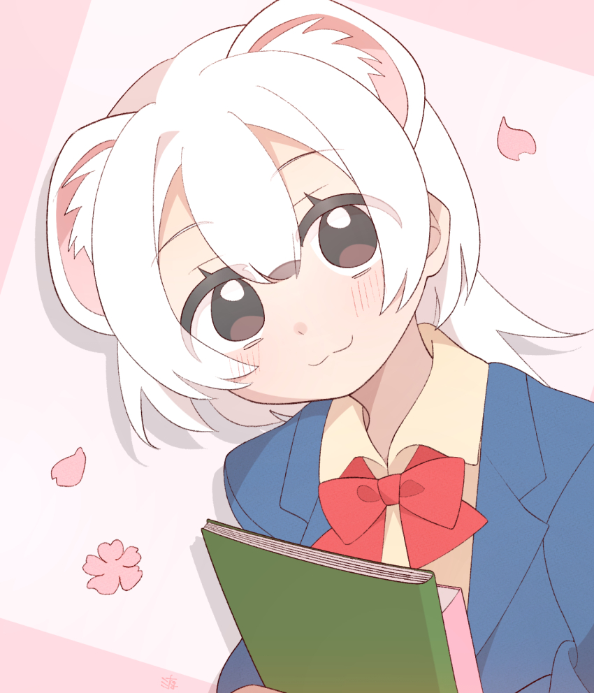 1girl, 37minamoto, :3, alternate_costume, animal_ears, blue_jacket, blush, book, bow, bowtie, brown_eyes, brown_hair, cherry_blossoms, extra_ears, hair_between_eyes, head_tilt, highres, holding, holding_book, jacket, kemono_friends, long_sleeves, looking_at_viewer, multicolored_hair, pink_background, red_bow, red_bowtie, school_uniform, shirt, short_hair, sidelocks, solo, stoat_(kemono_friends), two-tone_hair, upper_body, weasel_ears, weasel_girl, white_hair, yellow_shirt