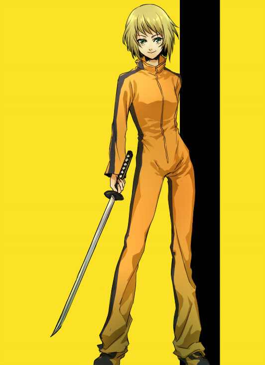 1girl, bad_id, bad_pixiv_id, beatrix_kiddo, beatrix_kiddo_(cosplay), blonde_hair, bruce_lee's_jumpsuit, cosplay