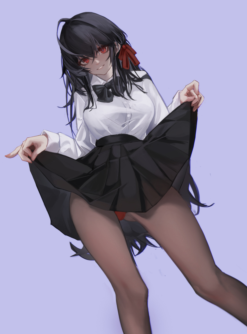 1girl, absurdres, ahoge, azur_lane, black_bow, black_bowtie, black_hair, black_skirt, bow, bowtie, breasts, brown_pantyhose, clothes_lift, collared_shirt, flashing, from_below, highres, hiro_(9564), huge_ahoge, large_breasts, lifting_own_clothes, long_hair, looking_at_viewer, miniskirt, official_alternate_costume, panties, pantyhose, pleated_skirt, purple_background, red_eyes, red_panties, school_uniform, shirt, simple_background, skirt, skirt_lift, smile, solo, taihou_(azur_lane), taihou_(sweet_time_after_school)_(azur_lane), underwear, very_long_hair, white_shirt