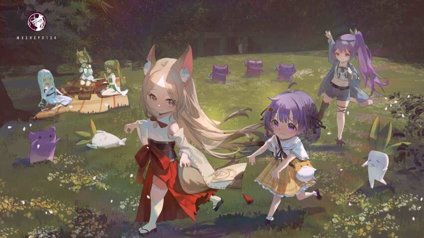 6+girls, abroccoli, absurdres, aged_down, animal_ears, artist_logo, artist_name, braid