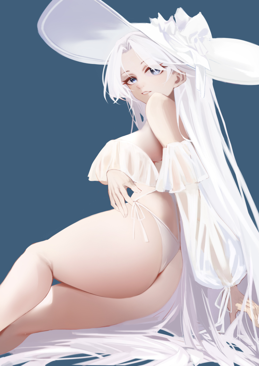1girl, absurdly_long_hair, absurdres, ass, azur_lane, bare_shoulders, bikini, blue_background, blue_eyes, breasts, feet_out_of_frame, from_side, hat, highres, hiro_(9564), large_breasts, large_hat, leaning_to_the_side, long_hair, looking_at_viewer, official_alternate_costume, see-through_clothes, see-through_sleeves, side-tie_bikini_bottom, simple_background, solo, string_bikini, sun_hat, swimsuit, very_long_hair, white_bikini, white_hat, yorktown_(azur_lane), yorktown_ii_(azur_lane), yorktown_ii_(bright-sky_mermaid)_(azur_lane)