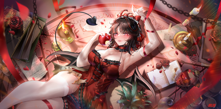 1girl, absurdres, apple, arm_up, armpits, black_hair, blush, book