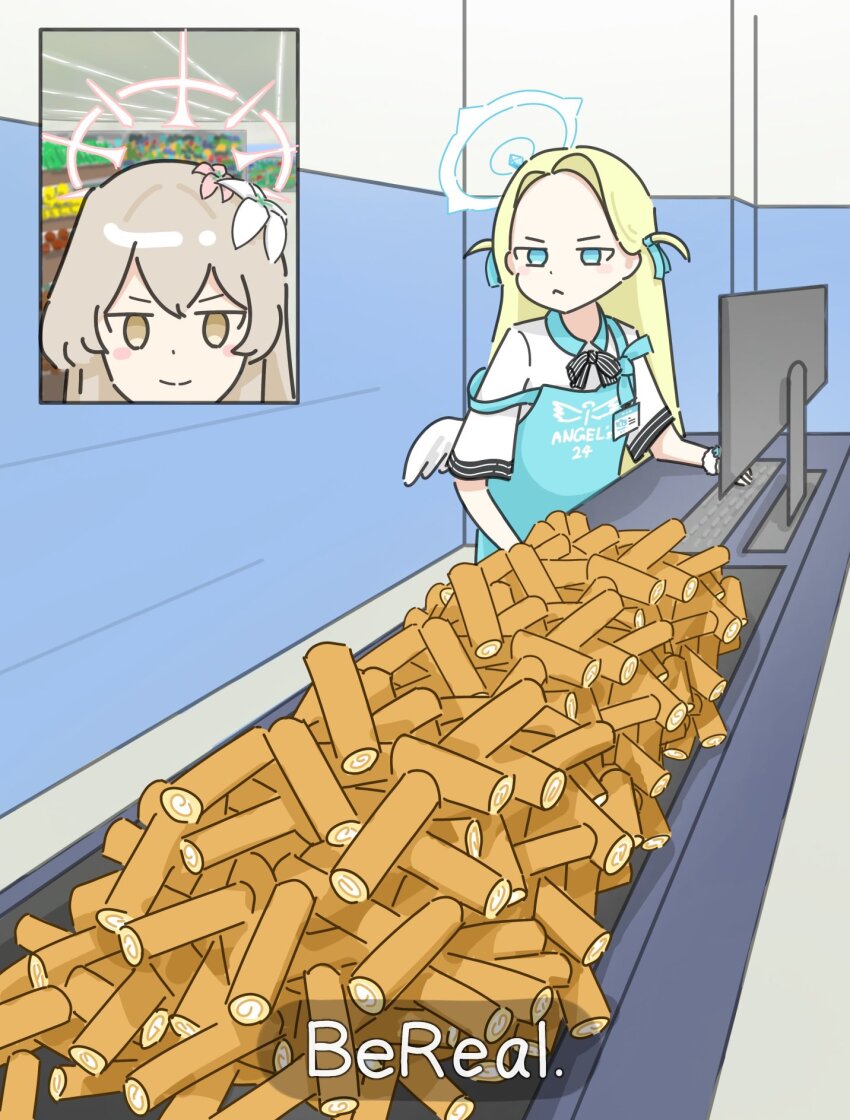 2girls, angel's_24_uniform_(blue_archive), apron, bereal, blonde_hair, blue_apron, blue_archive, blue_eyes