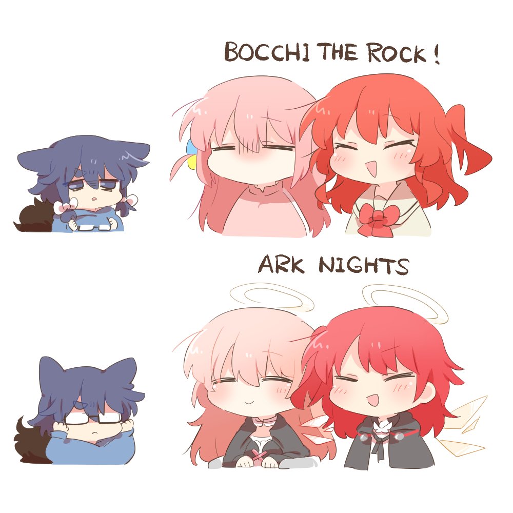 5girls, animal_ears, arknights, blue_hair, bocchi_the_rock!, character_request, check_character, closed_eyes, color_connection, copyright_name, exusiai_(arknights), exusiai_the_new_covenant_(arknights), glasses, gotoh_hitori, hair_color_connection, halo, kemono-chan_(rebecca), kita_ikuyo, lemuen_(arknights), long_hair, look-alike, multiple_girls, one_side_up, open_mouth, original, pink_hair, rebecca_(keinelove), red_hair, smile, unworn_eyewear, upper_body