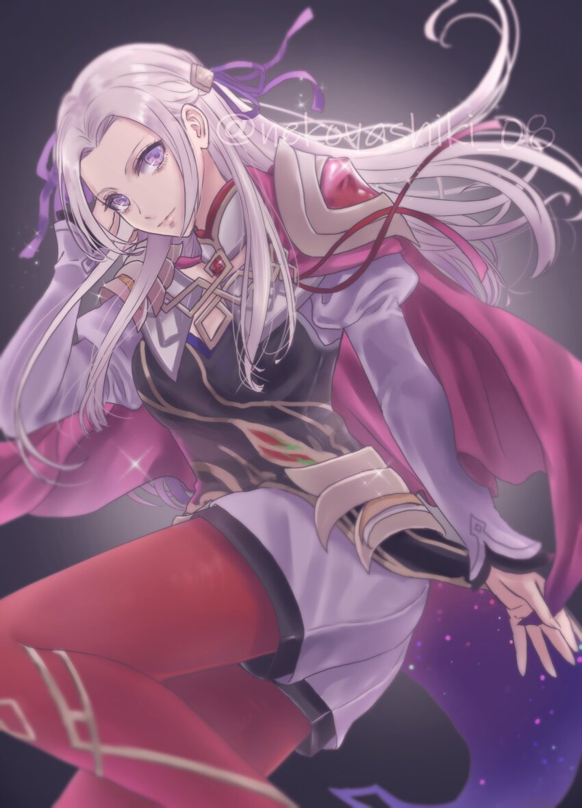1girl, armor, cape, closed_mouth, edelgard_von_hresvelg, edelgard_von_hresvelg_(resplendent), fire_emblem, fire_emblem:_three_houses, fire_emblem_heroes, floating_hair, forehead, hair_ribbon, highres, long_hair, long_sleeves, looking_at_viewer, nekoyashiki_08, nintendo, official_art, pantyhose, pauldrons, purple_eyes, purple_ribbon, red_cape, red_pantyhose, ribbon, shorts, shoulder_armor, smile, solo, twitter_username, white_hair, white_shorts