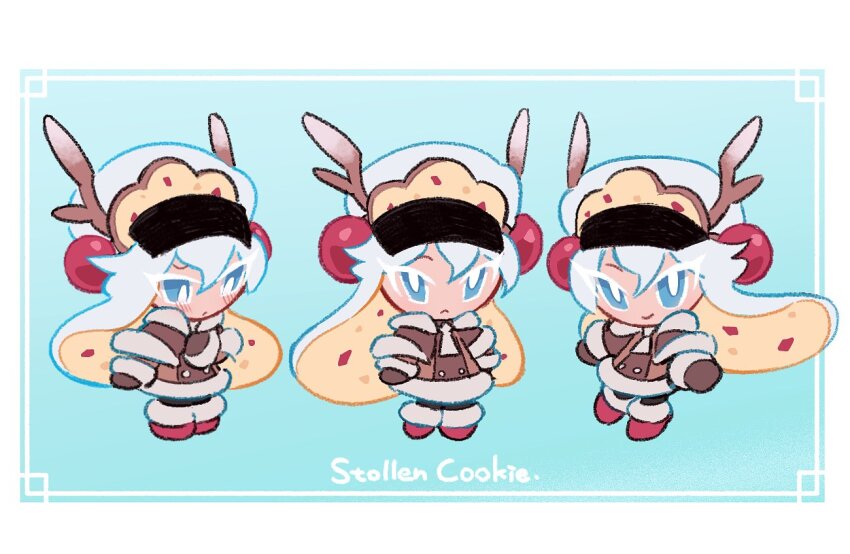 1girl, :<, antlers, blue_background, blue_eyes, blue_hair, blue_hat, border