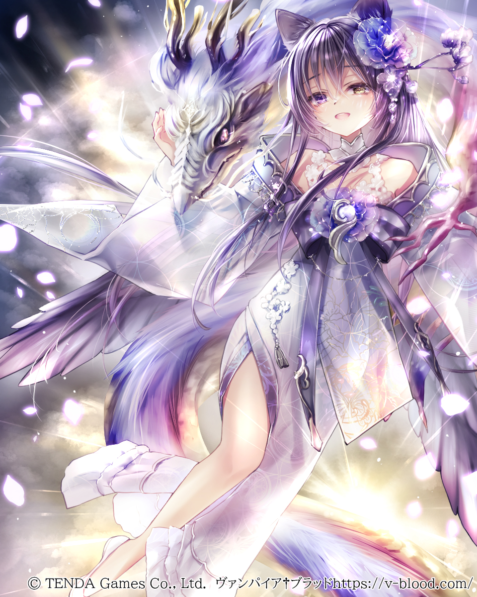 1girl, animal_ears, bare_shoulders, black_flower, black_hair, black_wings, cat_ears, cat_girl