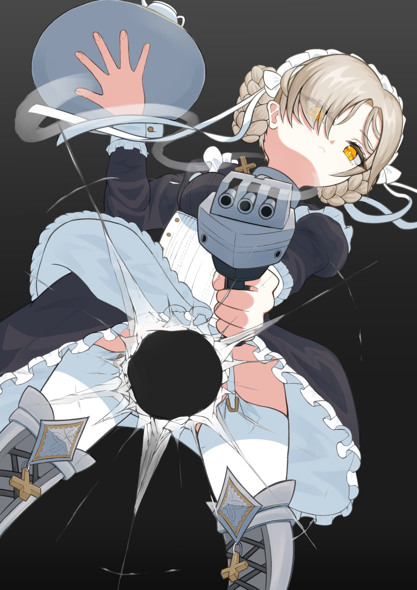 1girl, absurdres, aiming, aiming_at_viewer, apron, azur_lane, black_dress, blonde_hair