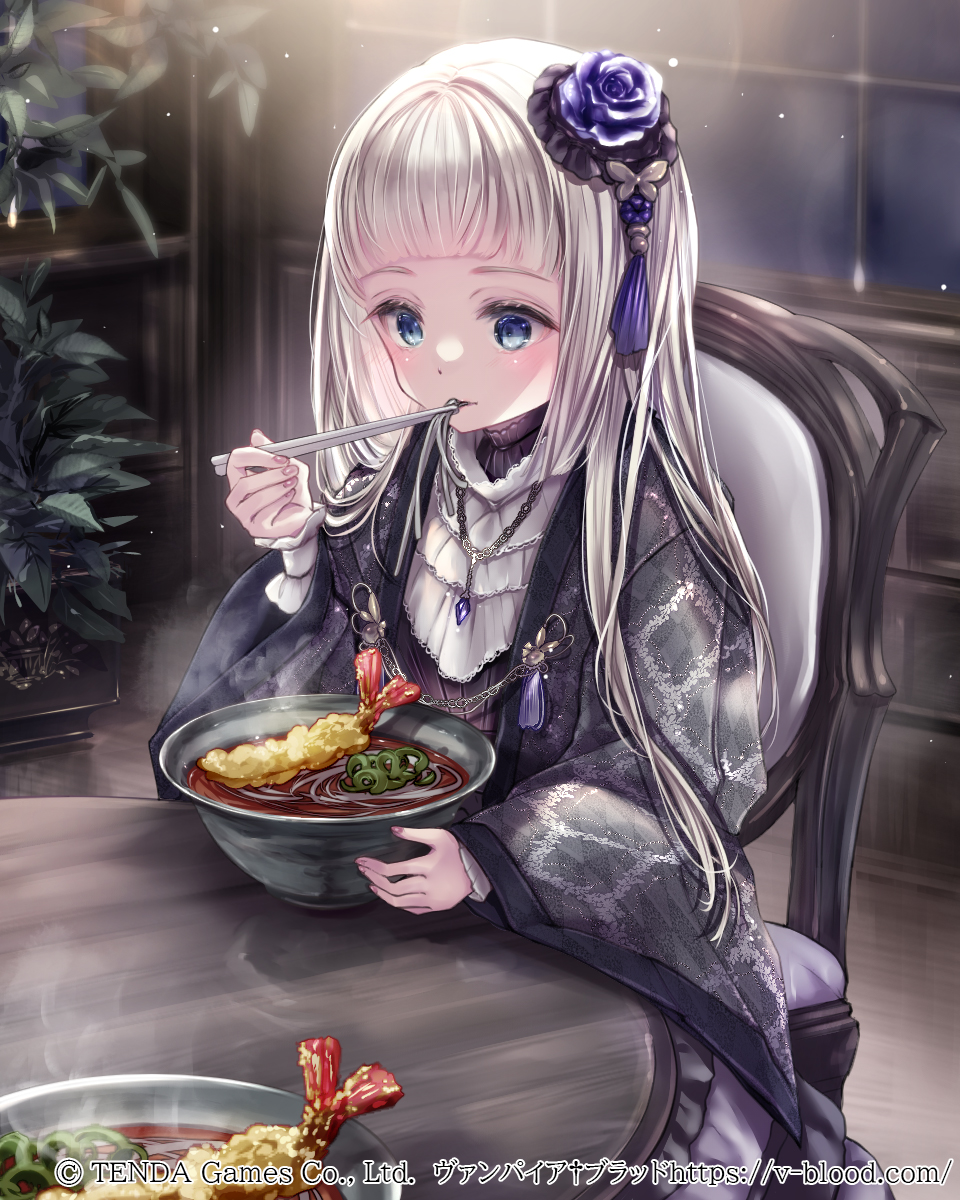 1girl, black_choker, black_dress, black_haori, blue_eyes, bowl, chair, choker