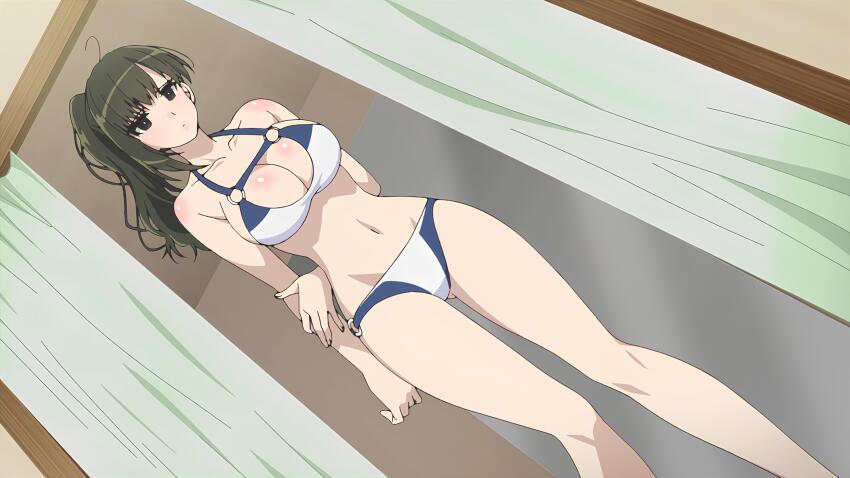 1girl, absurdres, arms_behind_back, bikini, breasts, cleavage, green_eyes, green_hair