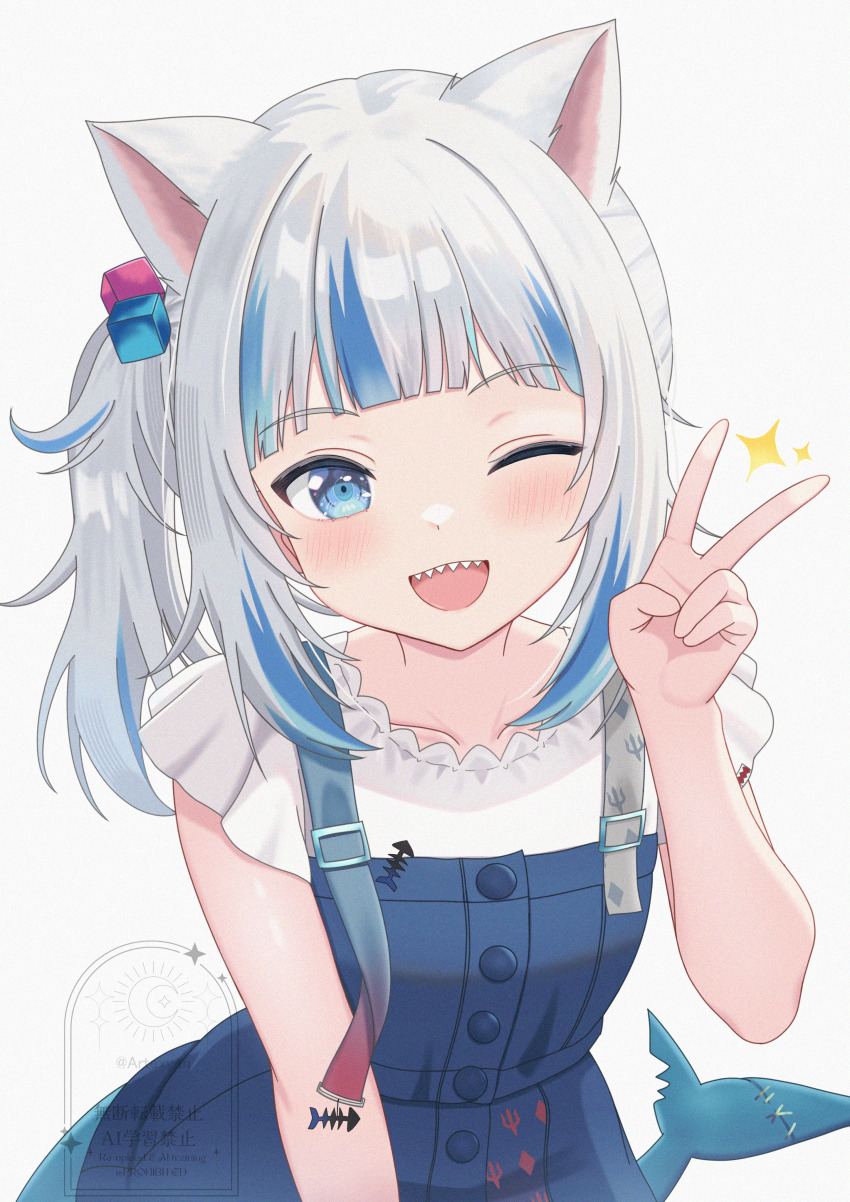 1girl, absurdres, animal_ears, artexyan, blue_hair, blue_overalls, cat_ears, cube_hair_ornament