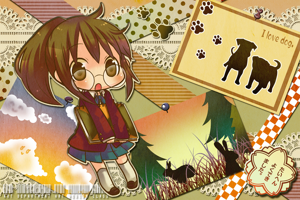 1girl, blush, brown_eyes, brown_hair, chibi, collage, dog, female_focus