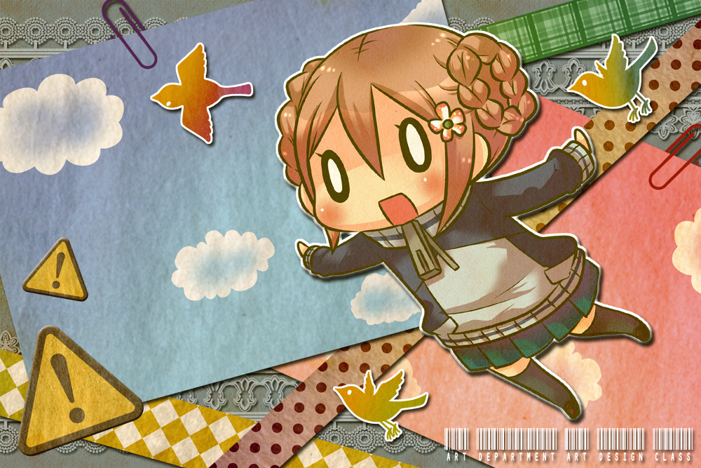 1girl, bird, blush, brown_hair, chibi, collage, female_focus, flying, ga_geijutsuka_art_design_class, hair_ornament, hairclip, jacket, noda_miki, o_o, open_mouth, outstretched_arms, school_uniform, semausa, short_hair, skirt, smile, solo, spread_arms, thighhighs, track_jacket