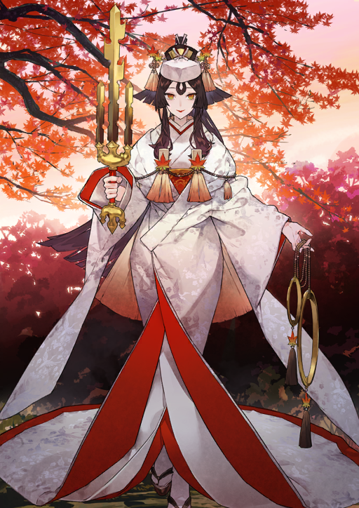 1girl, autumn_leaves, beads, blunt_ends, brown_hair, chinese_knot, closed_mouth, fate/grand_order