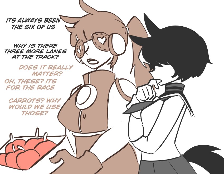 2girls, absurdres, animal_ears, apple, black_hair, black_tail, blinkers, box