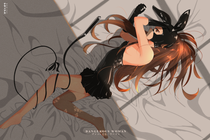 1girl, absurdres, animal_ears, ariana_grande, bed, black_dress, breasts, brown_eyes, brown_hair, dangerous_woman, dominatrix, dress, english_text, fake_animal_ears, from_above, gloves, highres, latex, latex_dress, latex_gloves, long_hair, lying, mask, nadiaz, on_side, rabbit_ears, real_life, short_dress, single_thighhigh, small_breasts, thighhighs, whip