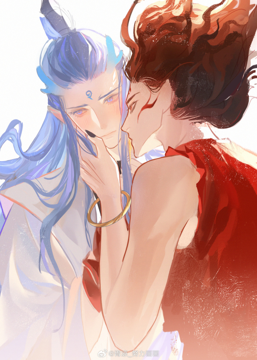 2boys, ao_bing_(nezha_zhi_motong_jiangshi), bare_shoulders, black_nails, blue_eyes, blue_hair, blush, bracelet