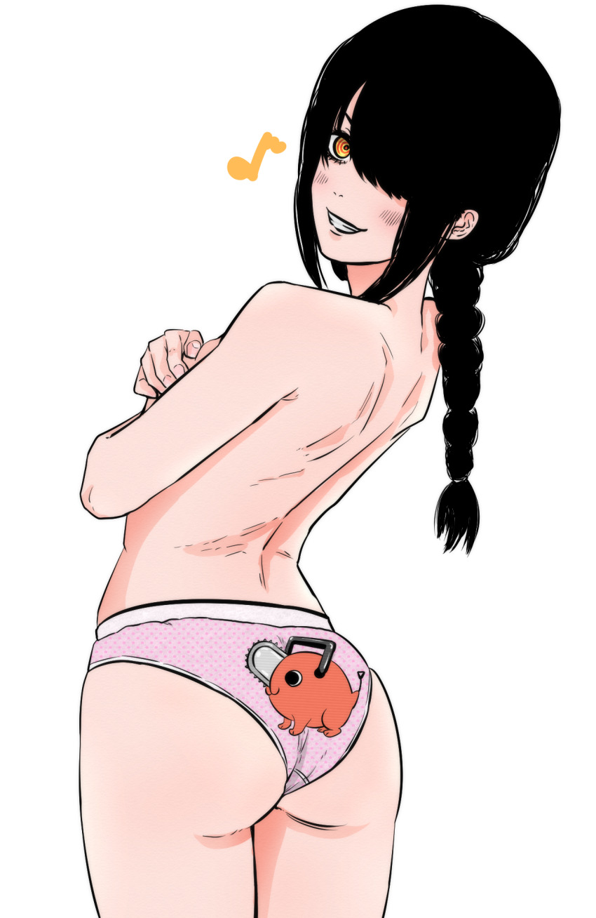 1girl, ass, back-print_panties, black_hair, braid, breasts, chainsaw_man, character_print