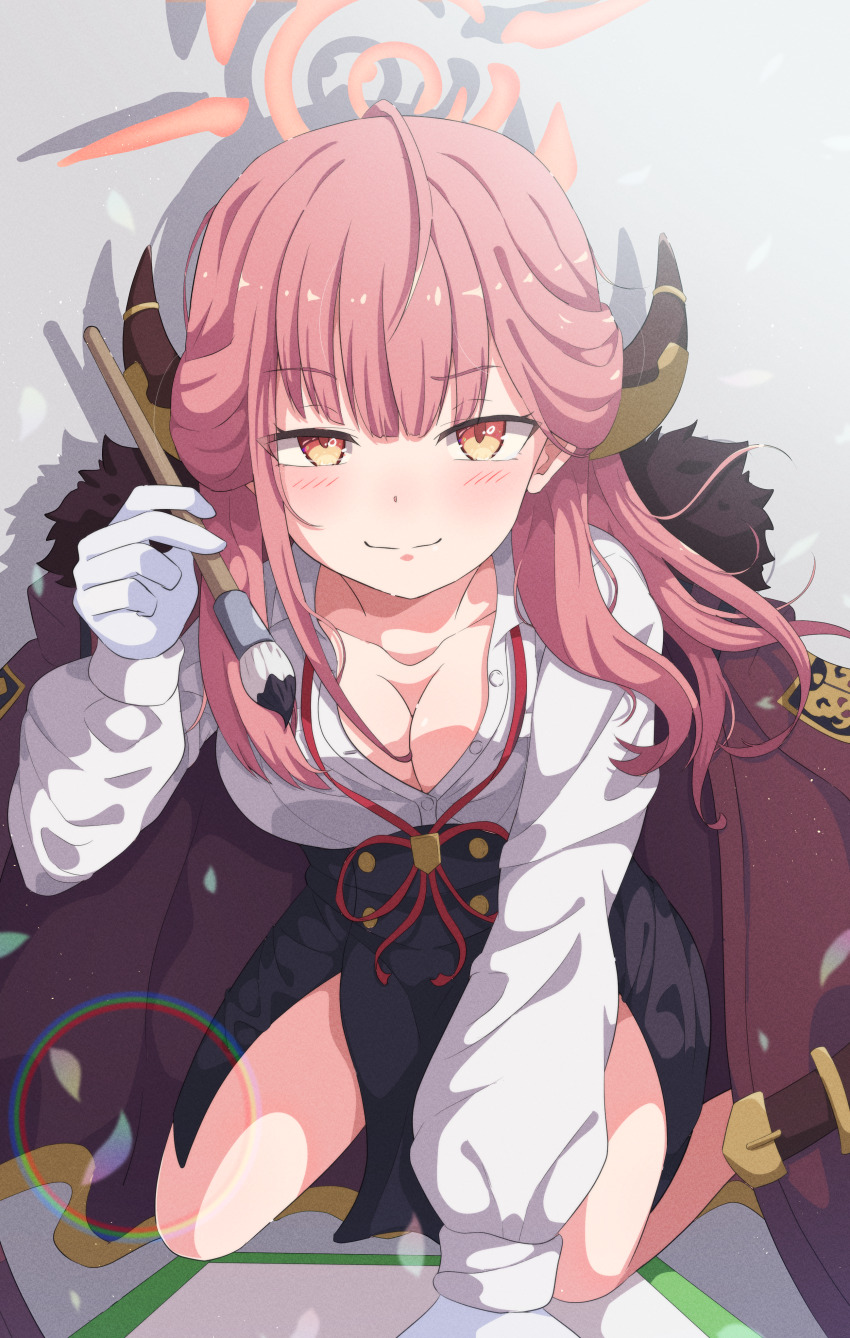 1girl, absurdres, all_fours, aru_(blue_archive), black_skirt, blue_archive, blush, breasts