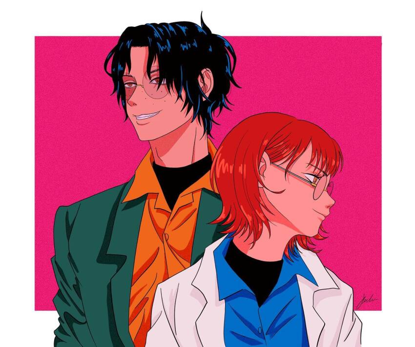 1boy, 1girl, alternate_costume, alternate_eye_color, artist_request, black_hair, blue_shirt, closed_mouth