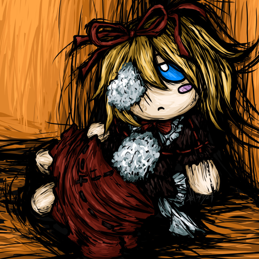 blonde_hair, blue_eyes, bow, doll, dress, fumo_(doll), highres, issues_(korn), korn_(band), medicine_melancholy, occultonic, red_bow, red_dress, stuffed_toy, touhou