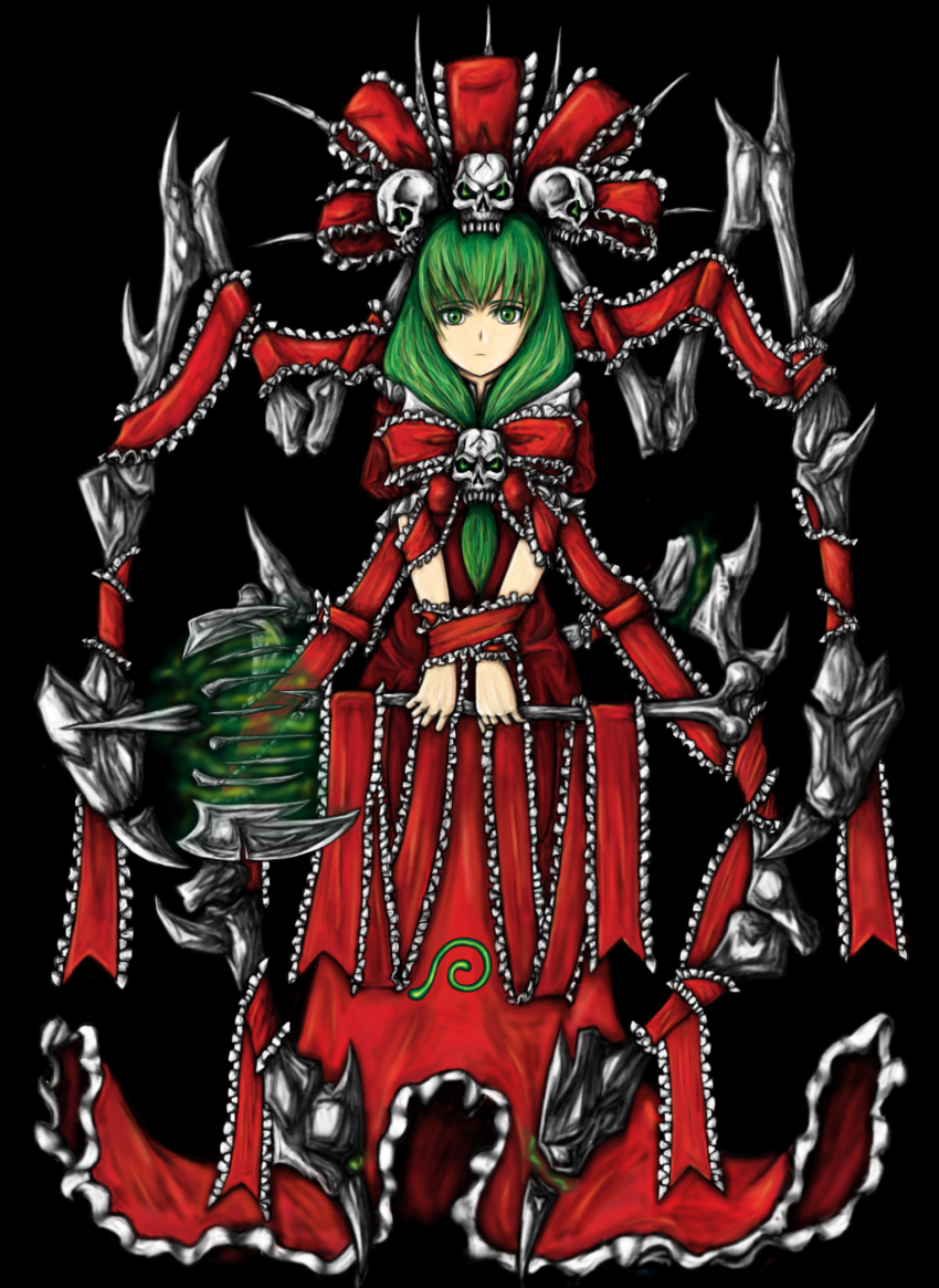 axe, bone, bow, crossover, dress, frills, front_ponytail, fusion, green_eyes, green_hair, hair_bow, headdress, highres, kagiyama_hina, long_hair, lord_marrowgar, ribbon, skull, solo, theo1227, touhou, warcraft, weapon, world_of_warcraft